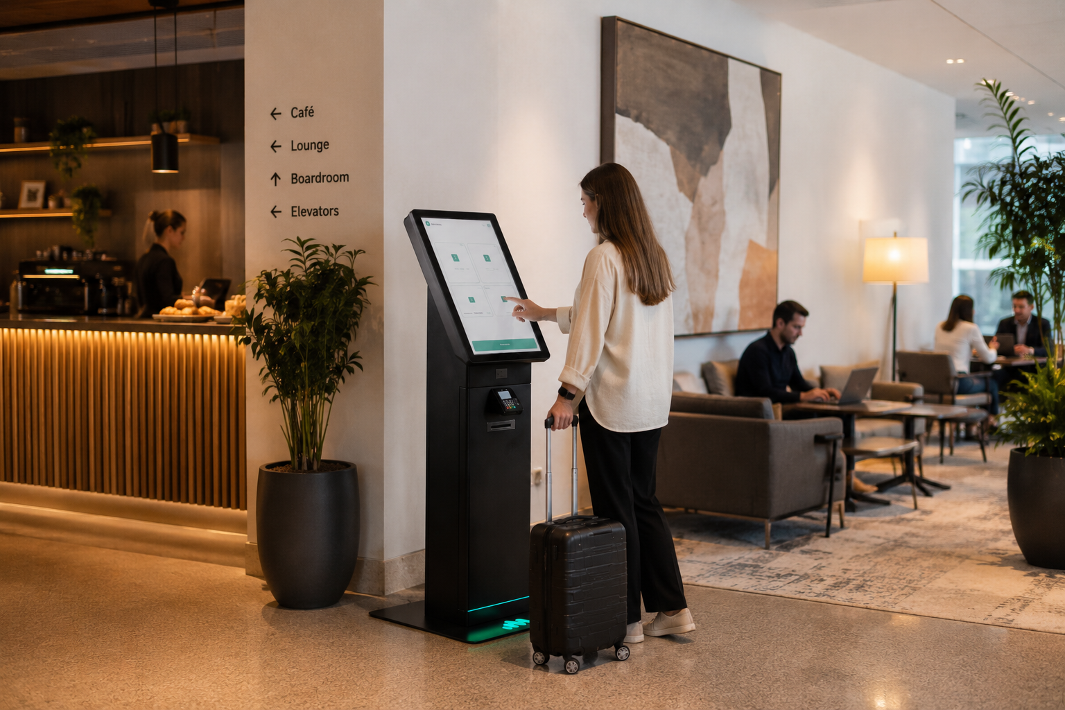 Cliente operando totem Transire em lobby de hotel