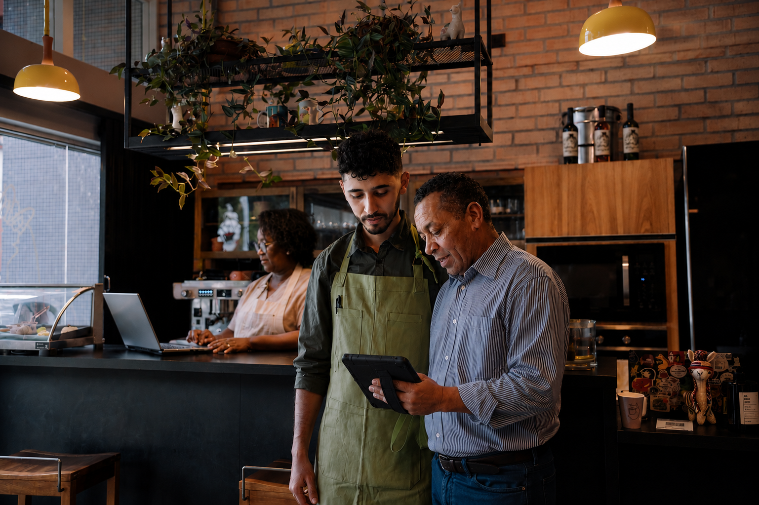 Barista mostrando tablet a cliente em cafeteria